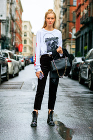 black bag, black shoes, brown belt, brown pants, corduroy, graphic sweater, iphone, leather bag, leather belt, leather shoes, model, printed sweater, red lips, trousers, white sweater, street style, jonathan paciullo, FW, frenchystyle, fashion week, NYFW, NEW YORK, SPRING SUMMER 2019, SS 19, vertical, full length