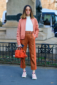 alexandra guerain, brown pants, leather bag, leather jacket, leather pants, leather shoes, orange bag, pink jacket, pink sneakers, red bag, sunglasses, trousers, white top, MILAN, MFW, fashion week, frenchystyle, FW, jonathan paciullo, street style, AUTUMN WINTER 2019-2020, AW 19-20, FALL WINTER 2019-2020, FW 19-20, vertical, full length
