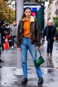 bag, belt, black belt, black boots, blue denim, blue jean, bomber, boots, brown bomber, brown jacket, croco bag, denim, green bag, jacket, jean, leather belt, leather boots, leather jacket, orange shirt, shirt, fashion week, frenchystyle, FW, jonathan paciullo, street style, PFW, PARIS, SPRING SUMMER 2022, SS 22, vertical, full length