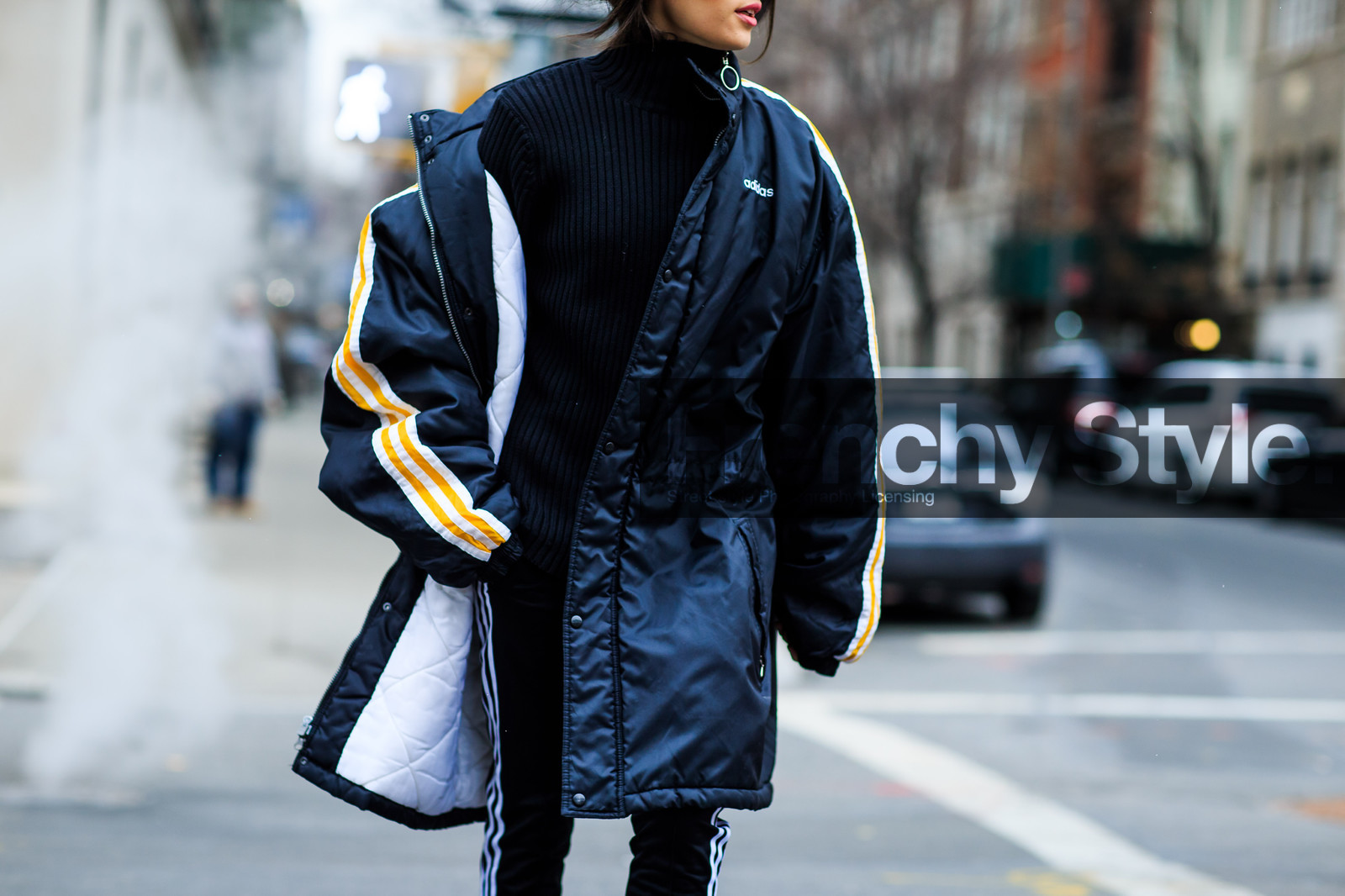adidas, atmosphere details, AUTUMN WINTER 2016-2017, AW 16-17, black boots, black coat, black jacket, black pants, black sweater, christian louboutin, detail, down jacket, fashion week, frenchystyle, FW, FW 16-17, high heels, high hell, horizontal, jonathan paciullo, leather boots, NEW YORK, NYFW, street style, striped pants, tone on tone, total look black, trousers, turtleneck sweater, woman