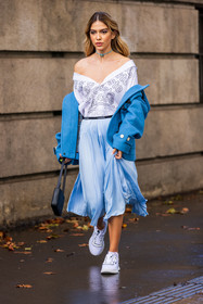 bag, black bag, blue coat, blue skirt, choker, coat, lacoste look, off shoulder top, pastel, pleated skirt, silk skirt, skirt, sneakers, white sneakers, white top, lacoste, fashion week, frenchystyle, FW, jonathan paciullo, street style, PFW, PARIS, SPRING SUMMER 2022, SS 22, vertical, full length