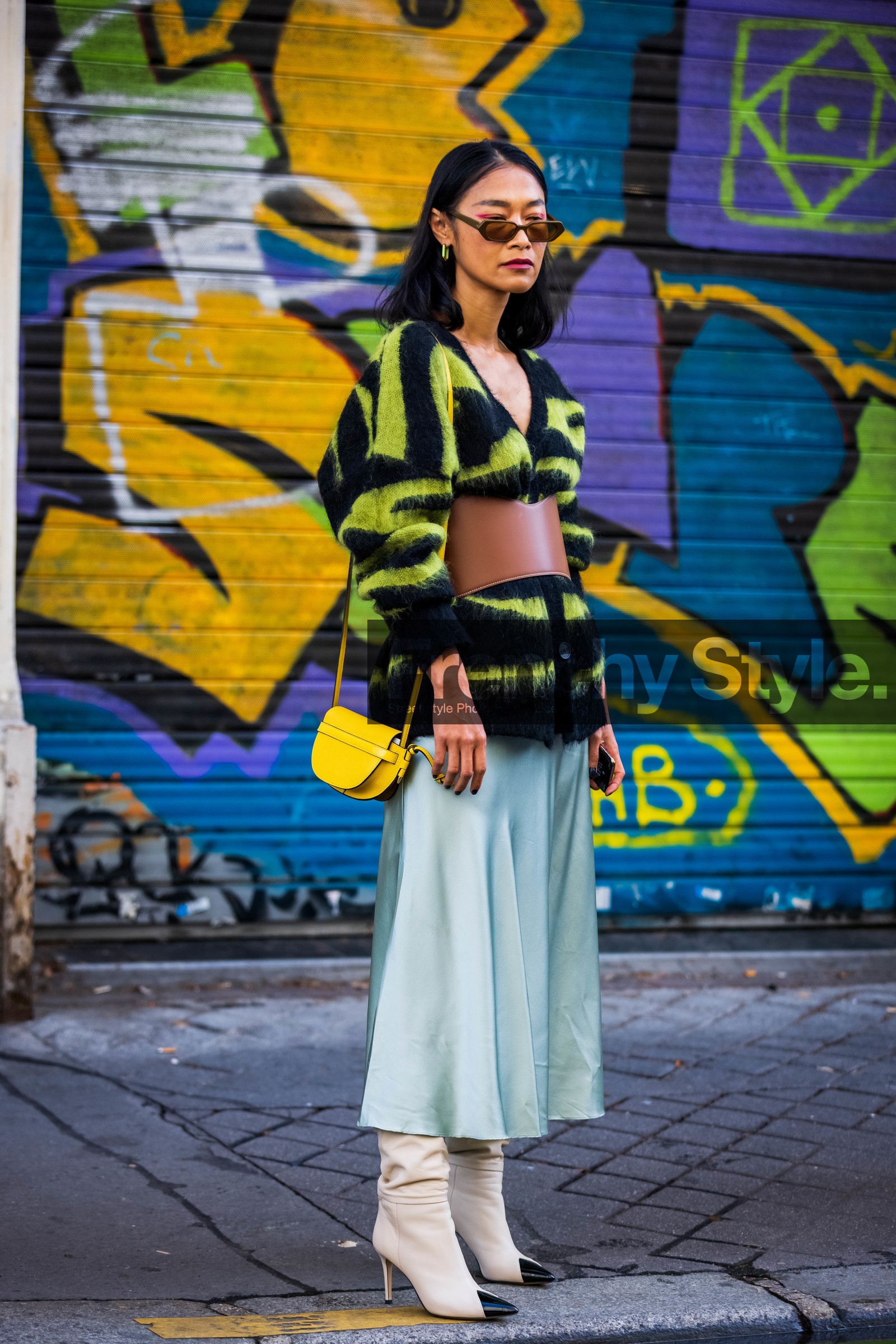bag, belt, bicolor boots, black knitwear, boots, brown sunglasses, camel belt, cardigan, color, knitwear, large belt, leather bag, leather belt, pastel blue skirt, Pornwika Spiecker, print, printed knitwear, satin skirt, sunglasses, white boots, yellow bag, yellow knitwear, street style, jonathan paciullo, FW, frenchystyle, fashion week, PFW, PARIS, SPRING SUMMER 2022, SS 22, vertical, atmosphere details
