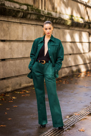 belt, black belt, black top, earrings, flare pants, gold earrings, gold hoops, green jacket, green pants, hoops, jacket, lacoste look, pants, v neck top, lacoste, fashion week, frenchystyle, FW, jonathan paciullo, street style, PFW, PARIS, SPRING SUMMER 2022, SS 22, vertical, full length