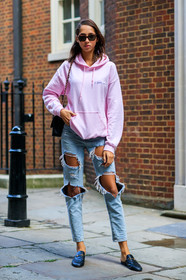 2.55 bag, black bag, black loafers, black mules, black shoes, blue denim, chanel, denim pants, fashion week, frenchystyle, full length, FW, gucci, hoodie, jeans, jonathan paciullo, leather bag, leather shoes, LFW, LONDON, model, pink sweater, printed sweater, ripped pants, SPRING SUMMER 2018, SS 18, street style, trousers, vertical