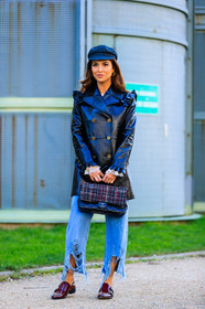 AUTUMN WINTER 2017-2018, AW 17-18, black bag, black cap, black jacket, blue denim, chanel handbag, chloe, denim pants, FALL WINTER 2017-2018, fashion week, frenchystyle, full length, FW, FW 17-18, jeans, jonathan paciullo, leather bag, leather shoes, loafers, negin mirsalehi, PARIS, PFW, plaid, red shoes, ripped pants, street style, studs, tartan, trousers, tweed bag, vertical