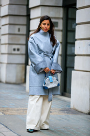 bettina looney, blue bag, graphic bag, grey coat, leather bag, leather coat, printed bag, trousers, tweed bag, white pants, street style, jonathan paciullo, FW, frenchystyle, fashion week, LFW, LONDON, AUTUMN WINTER 2019-2020, AW 19-20, FW 19-20, FALL WINTER 2019-2020, vertical, full length