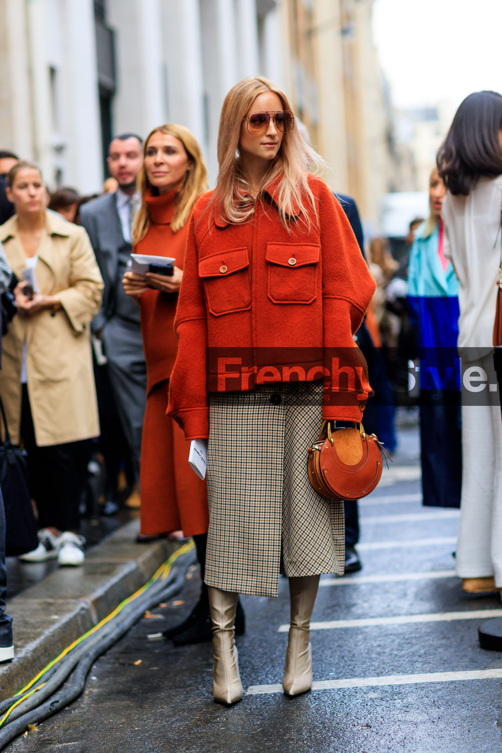 beige boots, brown bag, checked skirt, chloé, fashion week, frenchystyle, full length, FW, high boots, high heels, houndstooth pattern, jonathan paciullo, leather bag, leather shoes, PARIS, PFW, plaid, red jacket, SPRING SUMMER 2018, SS 18, street style, sunglasses, vertical, Charlotte Groeneveld