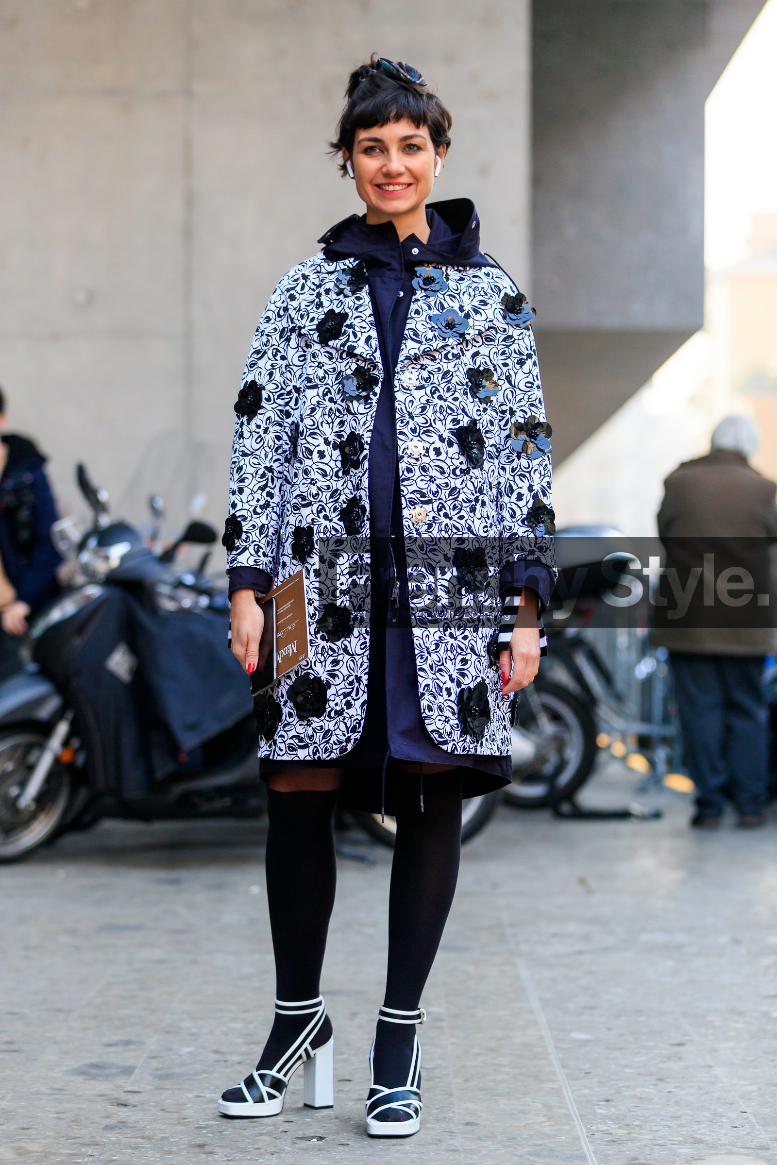 black and white, black and white shoes, embroideries, eva geraldine fontanelli, floral, flowers, graphic jacket, grey coat, high heels, leather shoes, printed jacket, sequined, tights, white shoes, street style, jonathan paciullo, FW, frenchystyle, fashion week, MFW, MILAN, AUTUMN WINTER 2019-2020, AW 19-20, FALL WINTER 2019-2020, FW 19-20, vertical, full length