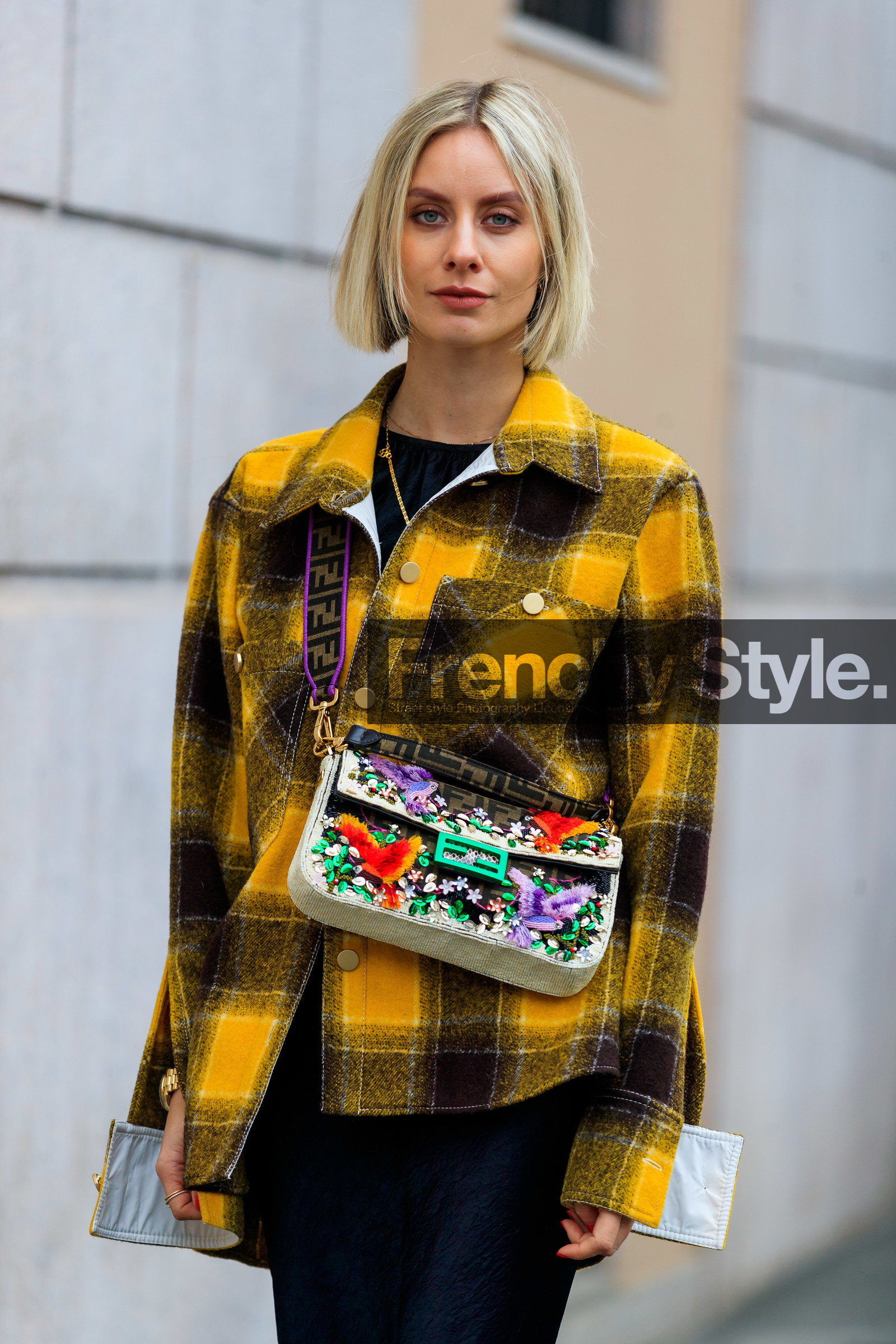 black pants, blazer, checked, embroidered bag, fendi, glitter, graphic bag, graphic jacket, leather bag, plaid, printed bag, printed jacket, sequined bag, shiny bag, trousers, yellow jacket, MILAN, MFW, fashion week, frenchystyle, FW, jonathan paciullo, street style, AUTUMN WINTER 2019-2020, AW 19-20, FALL WINTER 2019-2020, FW 19-20, vertical, atmosphere details, detail