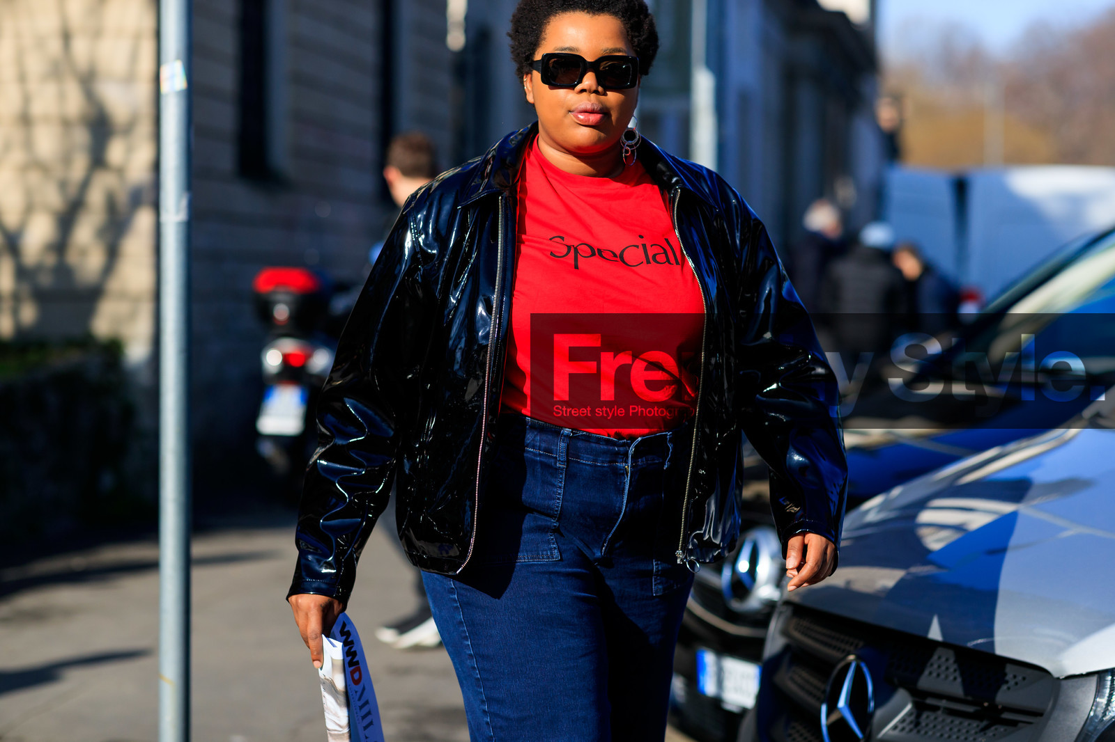black jacket, blue denim, denim pants, gabriella karefa johnson, jeans, leather jacket, red t shirt, sunglasses, trousers, vinyl, MILAN, MFW, fashion week, frenchystyle, FW, jonathan paciullo, street style, AUTUMN WINTER 2019-2020, AW 19-20, FALL WINTER 2019-2020, FW 19-20, atmosphere details, detail, horizontal