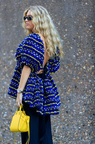 emili sindlev, gucci sunglasses, black sunglasses, knit top, multicolor top, loewe bag, mini bag, hand bag, yellow leather bag, black pants, rolex watch, silvered and golden watch, fashion week, frenchystyle, FW, jonathan paciullo, street style, vertical, detail, atmosphere details