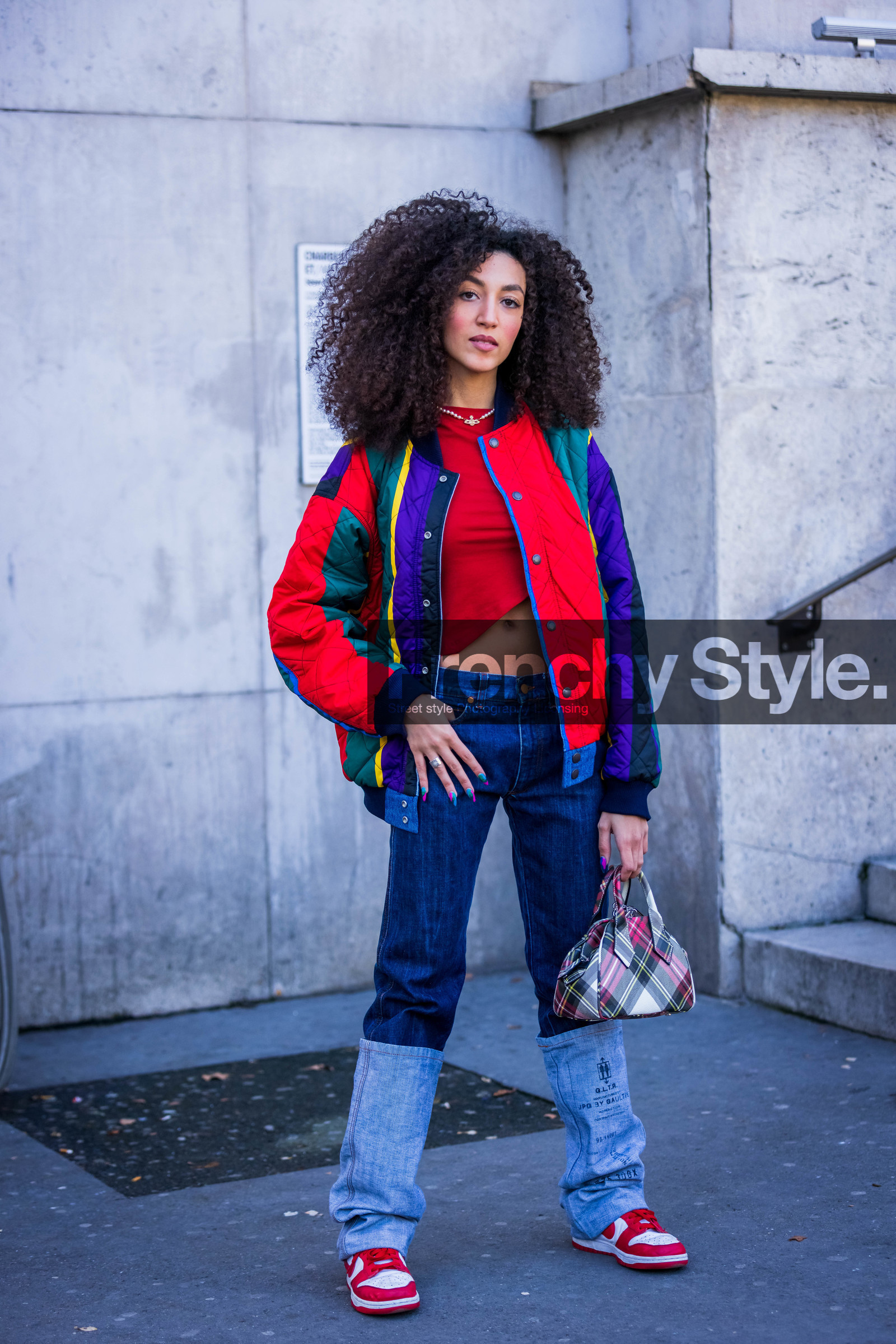 asymetric top, bag, blue denim, bomber, check, checked print, color, denim, green bag, green jacket, jacket, patchwork, patchwork denim, printed bag, printed jacket, quilted jacket, red bag, red jacket, red sneakers, red top, sneakers, stripes, tartan print, top, street style, jonathan paciullo, FW, frenchystyle, fashion week, PFW, PARIS, SPRING SUMMER 2022, SS 22, vertical, full length
