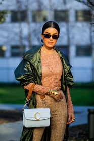 beige pants, bracelet, camila coelho, chloé, graphic pants, graphic top, green coat, leather bag, pink top, printed pants, see through, sunglasses, trousers, tulle, white bag, PARIS, PFW, street style, jonathan paciullo, FW, frenchystyle, fashion week, AUTUMN WINTER 2019-2020, AW 19-20, FALL WINTER 2019-2020, FW 19-20, vertical, atmosphere details, detail