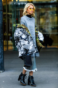 black bag, black boots, black shoes, camo jacket, camouflage, cashmere, down jacket, fishnet, grey jacket, grey skirt, grey sweater, high heels, leather bag, leather shoes, military jacket, off the shoulder, printed jacket, see through, studs, sunglasses, tights, fashion week, frenchystyle, FW, jonathan paciullo, street style, PFW, PARIS, SPRING SUMMER 2017, SS 17, HAUTE COUTURE, vertical, full length, caro daur