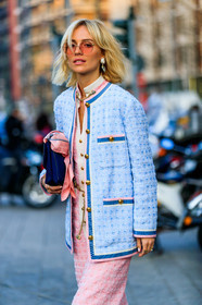 blazer, blue bag, blue jacket, checked, graphic bag, graphic dress, graphic jacket, leather bag, pink dress, pink scarf, plaid, printed bag, printed dress, printed jacket, tweed jacket, viktoria rader, fashion week, frenchystyle, FW, jonathan paciullo, street style, MFW, MILAN, AUTUMN WINTER 2019-2020, AW 19-20, FALL WINTER 2019-2020, FW 19-20, vertical, atmosphere details, detail