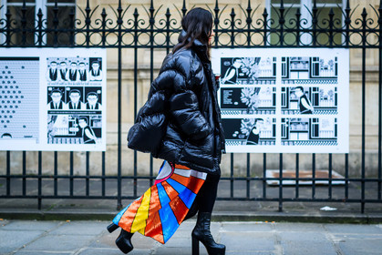 balenciaga, black jacket, down jacket, graphic skirt, multicolor skirt, printed skirt, sequined skirt, shiny skirt, oversize, glitter, high heels, black boots, leather shoes, fashion week, frenchystyle, FW, jonathan paciullo, street style, PFW, PARIS, SPRING SUMMER 2017, SS 17, HAUTE COUTURE, atmosphere details, full length, horizontal, tina leung
