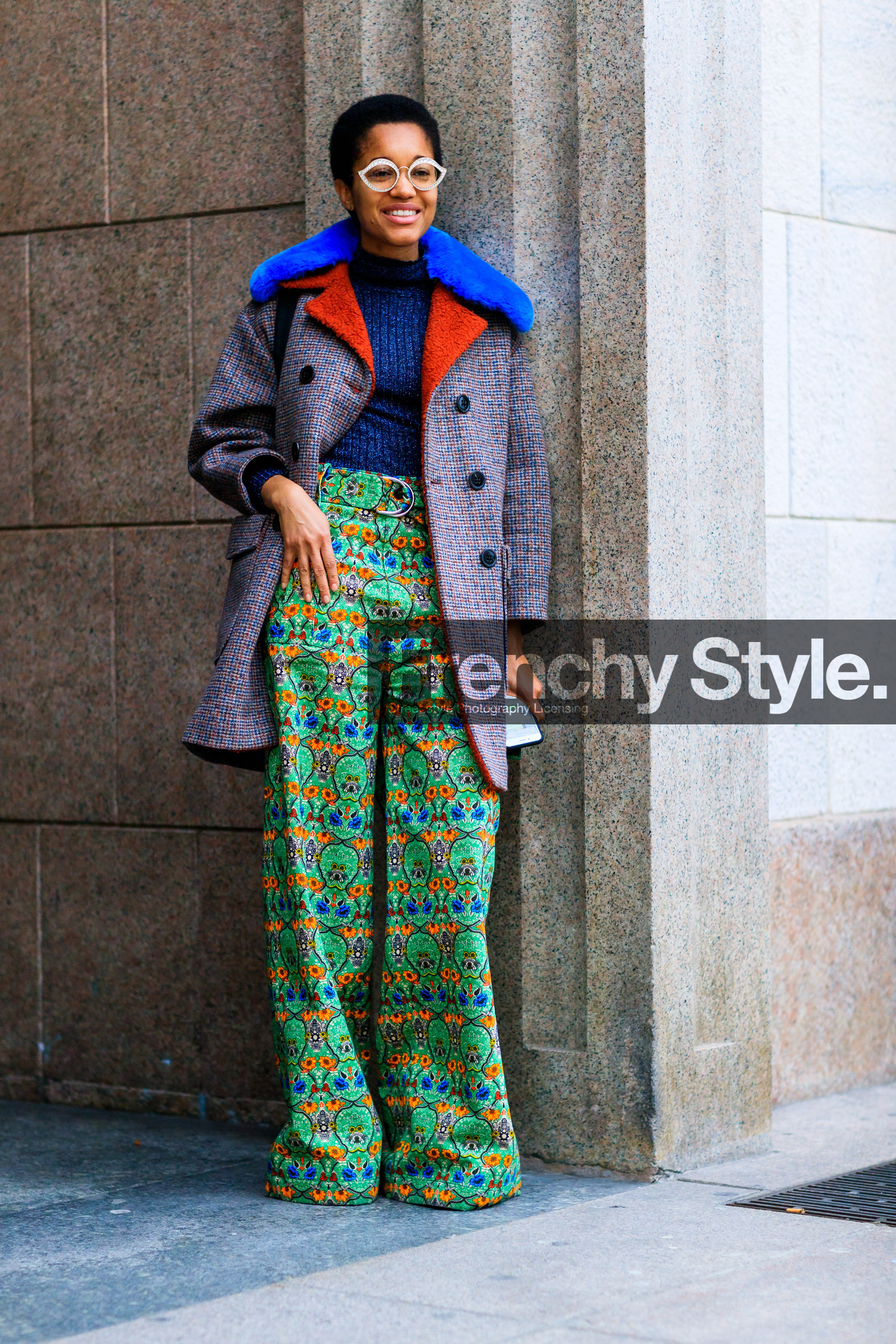 AUTUMN WINTER 2017-2018, AW 17-18, blue fur, blue sweater, brown jacket, FALL WINTER 2017-2018, fashion week, frenchystyle, full length, fun sunglasses, fur collar, FW, FW 17-18, graphic jacket, green pants, high waist, houndstooth pattern, jonathan paciullo, leather shoes, MFW, MILAN, printed jacket, printed pants, street style, sunglasses, tamu mcpherson, trousers, vertical, wide pants