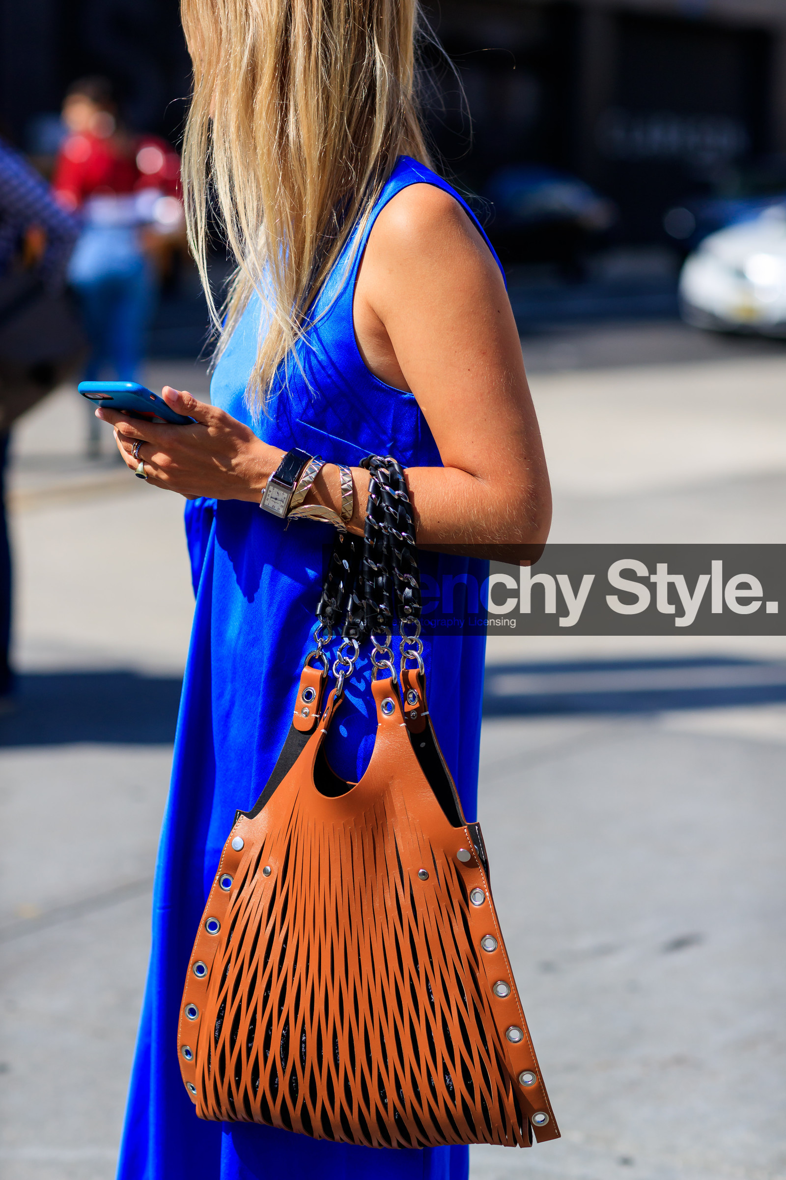 atmosphere details, balenciaga, blue dress, bracelet, Charlotte Groeneveld, detail, fashion week, frenchystyle, FW, high heels, iphone, jonathan paciullo, leather bag, leather shoes, long dress, NEW YORK, NYFW, rings, SPRING SUMMER 2018, SS 18, street style, vertical
