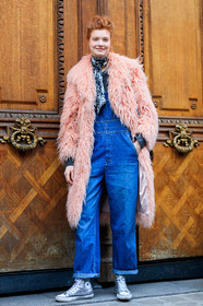blue denim, converse, denim overall, fur jacket, leather sneakers, pink fur, pink jacket, printed scarf, red head, silver shoes, fashion week, frenchystyle, FW, jonathan paciullo, street style, PFW, PARIS, SPRING SUMMER 2017, SS 17, HAUTE COUTURE, vertical, full length, anastasia ivanova, model
