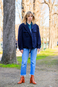 AUTUMN WINTER 2017-2018, AW 17-18, blue denim, camel boots, denim pants, FALL WINTER 2017-2018, fashion week, frenchystyle, full length, FW, FW 17-18, green shirt, high heels, jeans, jonathan paciullo, leather shoes, model, navy jacket, PARIS, PFW, street style, trousers, varnished leather shoes, vertical