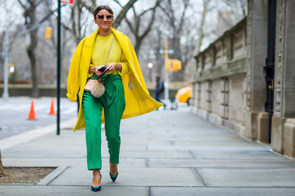 atmosphere details, AUTUMN WINTER 2016-2017, AW 16-17, blue heels, fashion week, fendi, frenchystyle, full length, FW, FW 16-17, green pants, high heels, horizontal, jonathan paciullo, leather bag, mini bag, NEW YORK, nude bag, NYFW, street style, sunglasses, trousers, woman, yellow coat, yellow knit