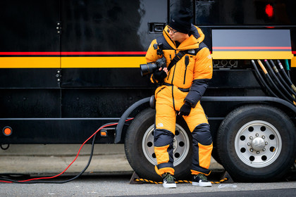 black beanie, black sneakers, camera, graphic jacket, leather shoes, printed jacket, trousers, yellow jumpsuit, street style, jonathan paciullo, FW, frenchystyle, fashion week, NYFW, NEW YORK, AUTUMN WINTER 2018-2019, AW 18-19, FALL WINTER 2018-2019, FW 18-19, atmosphere details, horizontal, full length, tyler joe