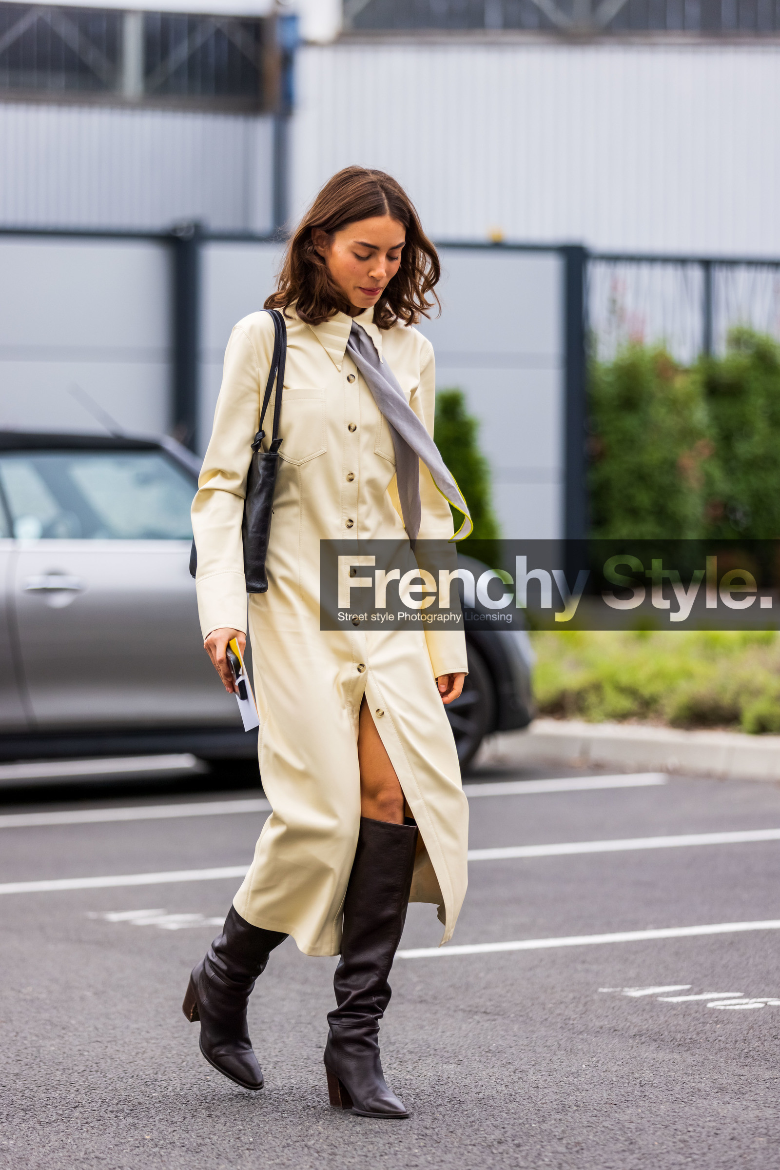 bag, black bag, black boots, boots, Clara Aparicio, dress, grey scarf, high boots, leather bag, long dress, pastel, scarf, shirt dress, yellow dress, PARIS, PFW, fashion week, frenchystyle, FW, jonathan paciullo, street style, SPRING SUMMER 2022, SS 22, vertical, full length