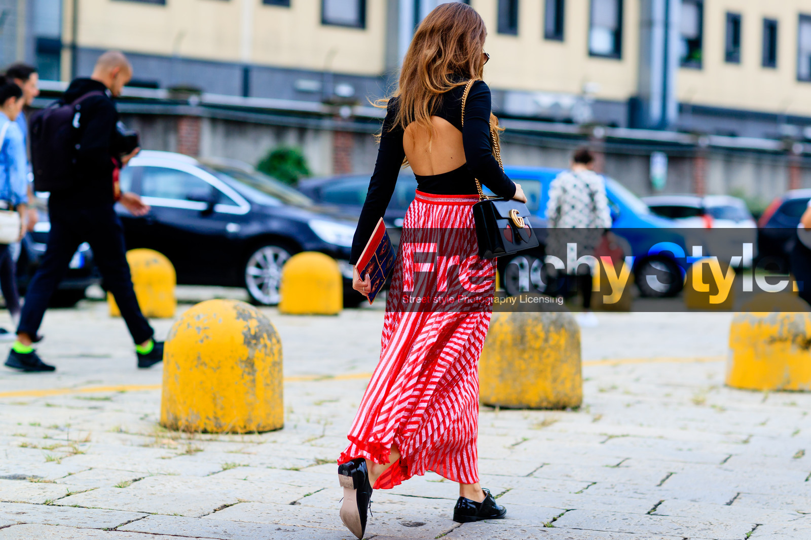 atmosphere details, black loafers, black top, blue bag, fashion week, frenchystyle, full length, FW, geometric, graphic skirt, gucci, horizontal, jonathan paciullo, leather bag, leather shoes, MFW, MILAN, open back, open work, printed bag, printed skirt, red skirt, SPRING SUMMER 2017, SS 17, street style, striped skirt