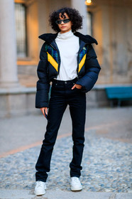 black denim, black jacket, denim pants, down jacket, jeans, leather shoes, sunglasses, trousers, turtleneck sweater, white sneakers, white sweater, fashion week, frenchystyle, FW, jonathan paciullo, street style, MFW, MILAN, AUTUMN WINTER 2018-2019, FALL WINTER 2018-2019, FW 18-19, vertical, full length, model, fernanda oliveira