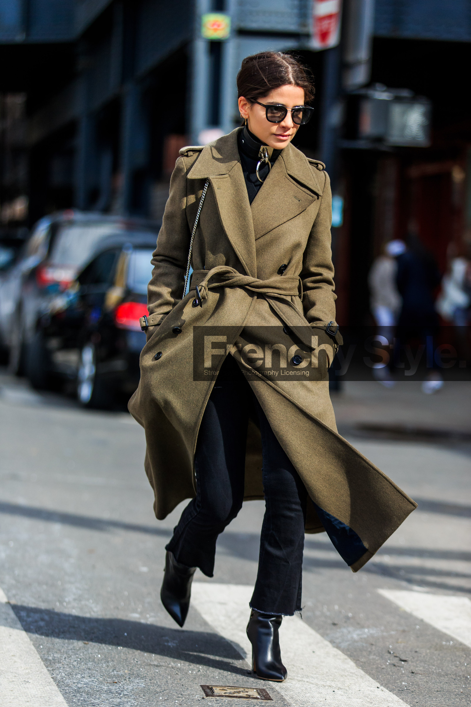 AUTUMN WINTER 2016-2017, AW 16-17, belted coat, black boots, black turtleneck, chocker, chok, choker, fashion week, frenchystyle, full length, FW, FW 16-17, green coat, high boots, high heels, jonathan paciullo, kaki coat, Lainy Hedaya, leather boots, long coat, necklace, NEW YORK, NYFW, overcoat, street style, sunglasses, vertical, woman