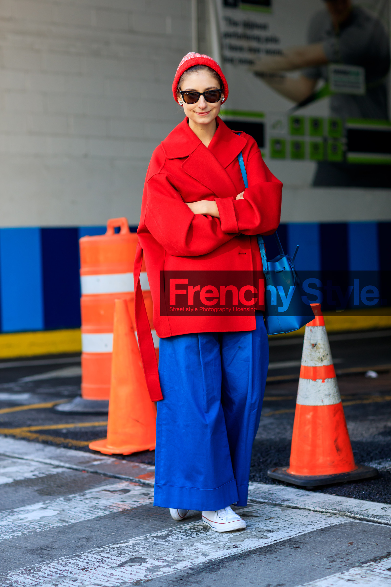 blue bag, blue pants, converse, leather bag, leather shoes, mansur gabriel, red beanie, red jacket, sunglasses, trousers, white sneakers, street style, jonathan paciullo, FW, frenchystyle, fashion week, NYFW, NEW YORK, AUTUMN WINTER 2018-2019, AW 18-19, FALL WINTER 2018-2019, FW 18-19, vertical, full length, jenny walton