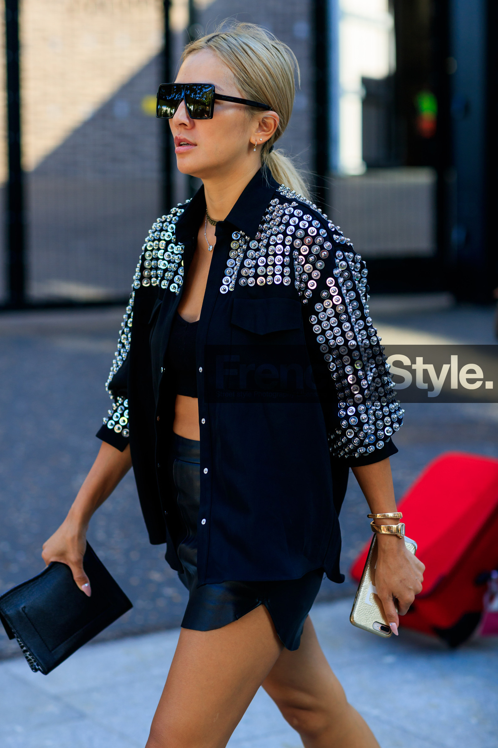 black bag, black bra, black jacket, black shorts, bulgari, graphic jacket, leather bag, leather shorts, printed jacket, studs, sunglasses, tina leung, watch, fashion week, frenchystyle, FW, jonathan paciullo, street style, LFW, LONDON, SPRING SUMMER 2019, SS 19, vertical, detail, atmosphere details