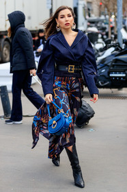 black belt, black shoes, blue bag, blue denim, chloé, denim jacket, graphic skirt, high boots, leather bag, leather belt, leather shoes, navy skirt, pleated skirt, printed skirt, PARIS, PFW, street style, jonathan paciullo, FW, frenchystyle, fashion week, AUTUMN WINTER 2019-2020, AW 19-20, FALL WINTER 2019-2020, FW 19-20, vertical, full length