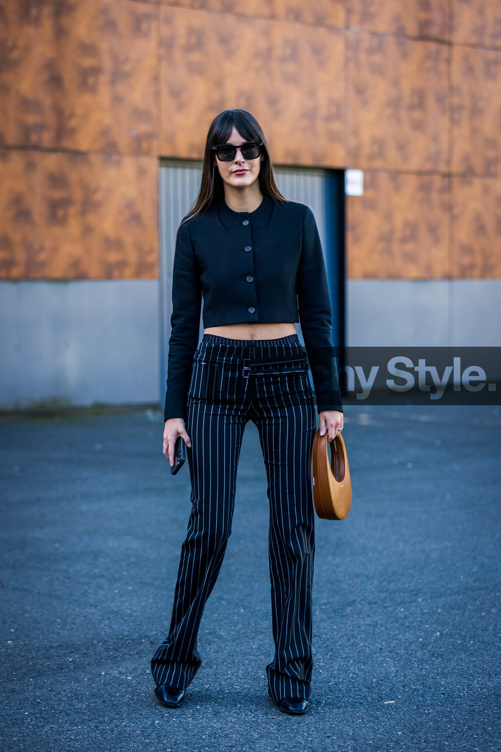 bag, black crop top, black jacket, black pants, black sunglasses, brown bag, coperni bag, coperni look, crop jacket, crop top, jacket, Leia Sfez, pants, striped pants, stripes, sunglasses, street style, jonathan paciullo, FW, frenchystyle, fashion week, PFW, PARIS, SPRING SUMMER 2022, SS 22, vertical, full length