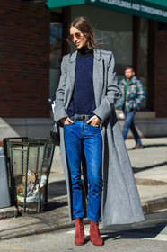 alana zimmer, AUTUMN WINTER 2016-2017, AW 16-17, black belt, black turtleneck, blue denim, blue sweater, denim pants, FALL WINTER 2016-2017, fashion week, frenchystyle, full length, FW, FW 16-17, grey coat, jeans, jonathan paciullo, leather belt, long coat, model, NEW YORK, NYFW, red boots, street style, suede shoes, sunglasses, trousers, vertical, woman