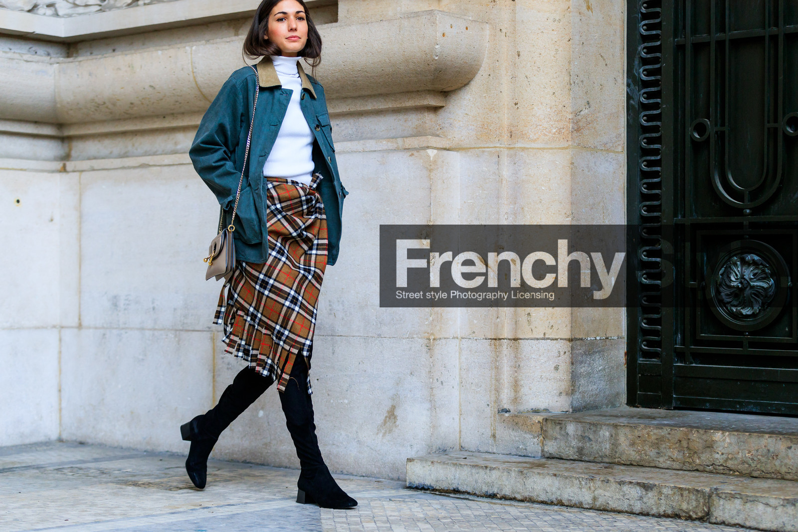 atmosphere details, AUTUMN WINTER 2017-2018, AW 17-18, black boots, black shoes, brown skirt, checked skirt, diletta bonaiuti, FALL WINTER 2017-2018, fashion week, frenchystyle, full length, FW, FW 17-18, graphic skirt, green jacket, high boots, horizontal, jonathan paciullo, jw anderson, leather bag, leather shoes, nude bag, PARIS, PFW, plaid, street style, tartan, white sweater
