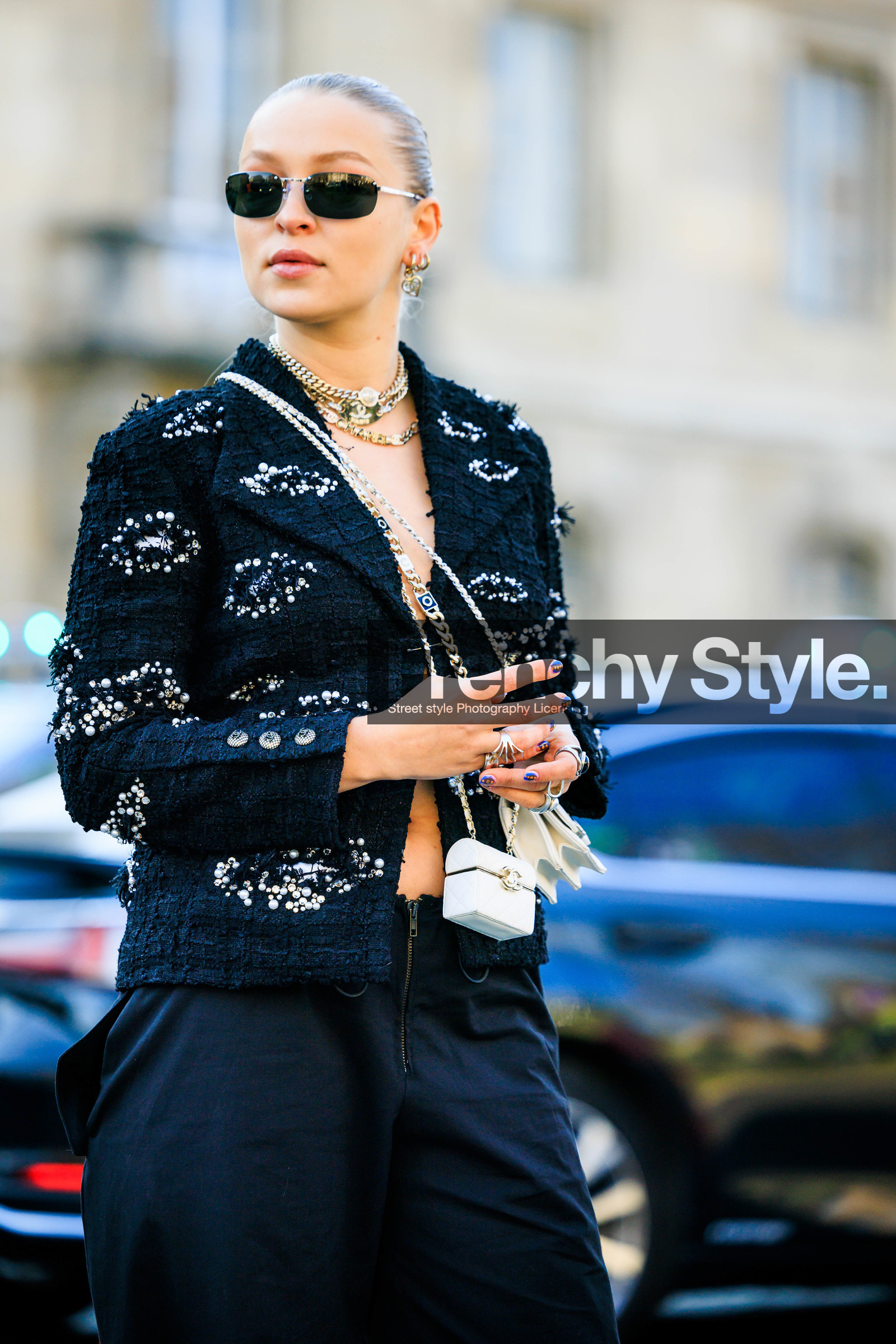 chanel blazer, tweed vest, printed vest, black sunglasses, chanel, mini handbag, chanel mini, white mini bag, multiple chokers, silver chokers, silver earrings, regina anikiy, street style, jonathan paciullo, FW, frenchystyle, fashion week, AUTUMN WINTER 2022-2023, FALL WINTER 2022_2023, FW 22-23, PFW, PARIS, vertical, detail