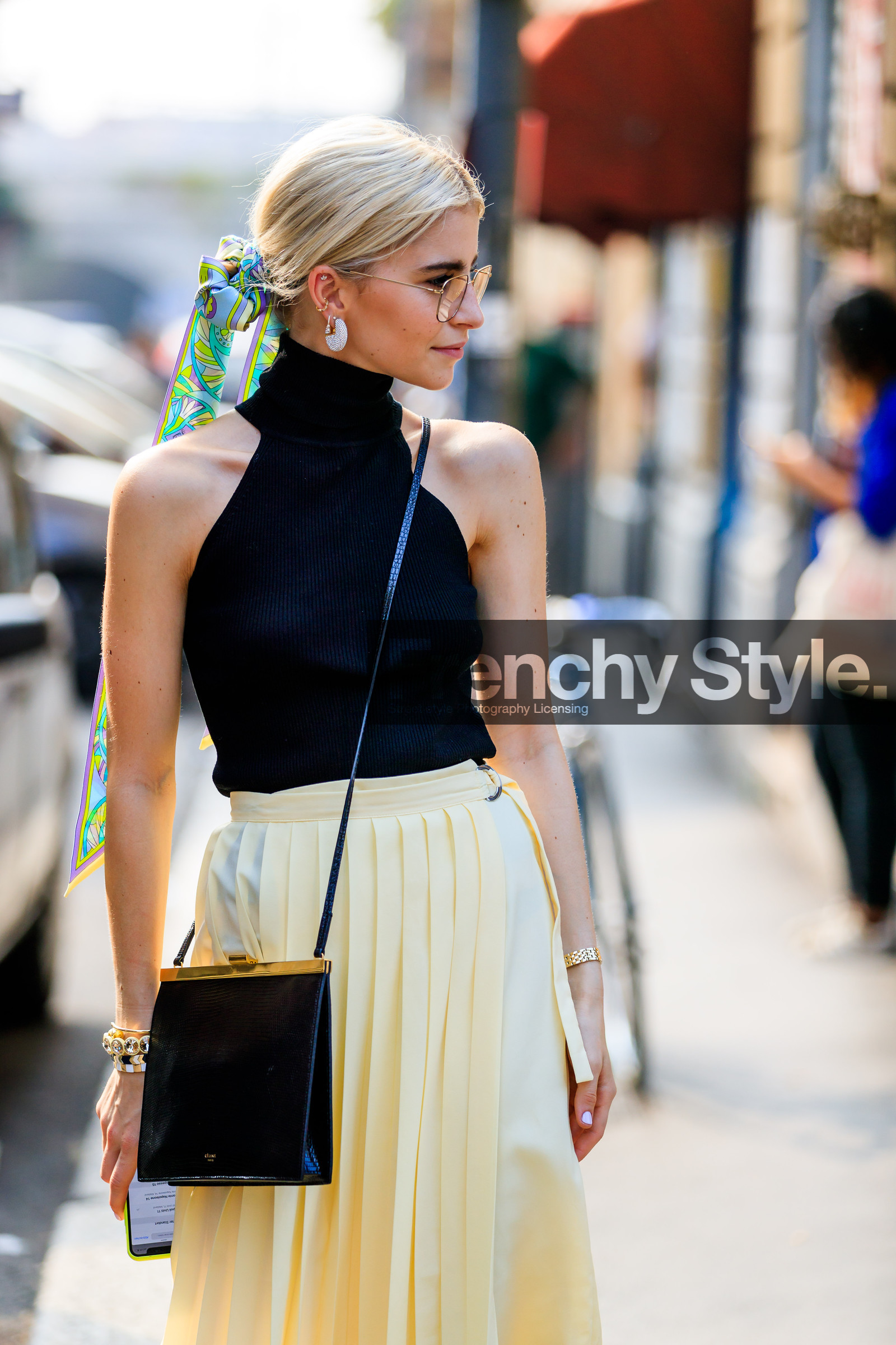 black bag, black top, blue scarf, caro daur, earrings, headscarf, leather bag, pleated skirt, sunglasses, yellow skirt, fashion week, frenchystyle, FW, jonathan paciullo, street style, MFW, MILAN, SPRING SUMMER 2019, SS 19, vertical, atmosphere details, detail