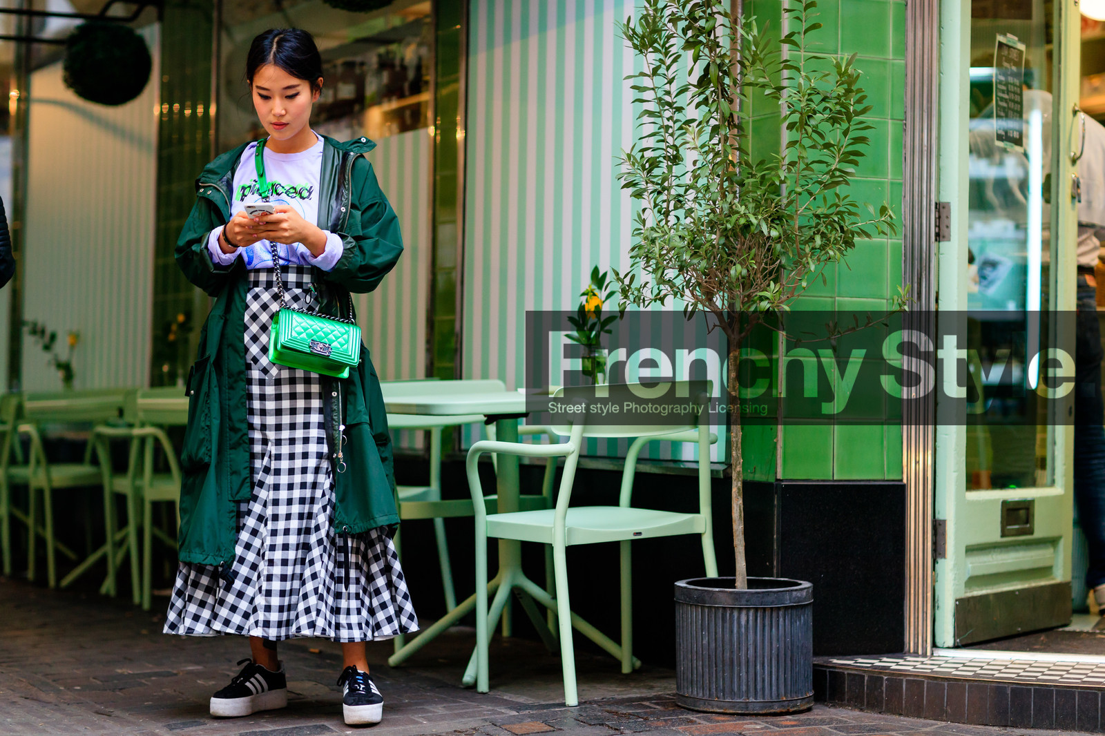 adidas, atmosphere details, black and white, black sneakers, chanel, checked skirt, earrings, fashion week, frenchystyle, full length, FW, graphic skirt, green bag, green jacket, horizontal, jonathan paciullo, leather bag, LFW, LONDON, parka, plaid, printed skirt, SPRING SUMMER 2017, SS 17, street style, white t shirt, woman