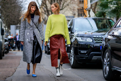 atmosphere details, AUTUMN WINTER 2017-2018, AW 17-18, black skirt, blue ballerinas, brie welch, brown skirt, checked coat, céline, FALL WINTER 2017-2018, fashion week, fluo, frenchystyle, full length, FW, FW 17-18, gingham, horizontal, jonathan paciullo, leather shoes, leather skirt, megan bowman grey, PARIS, PFW, plaid, printed coat, street style, white boots, yellow sweater