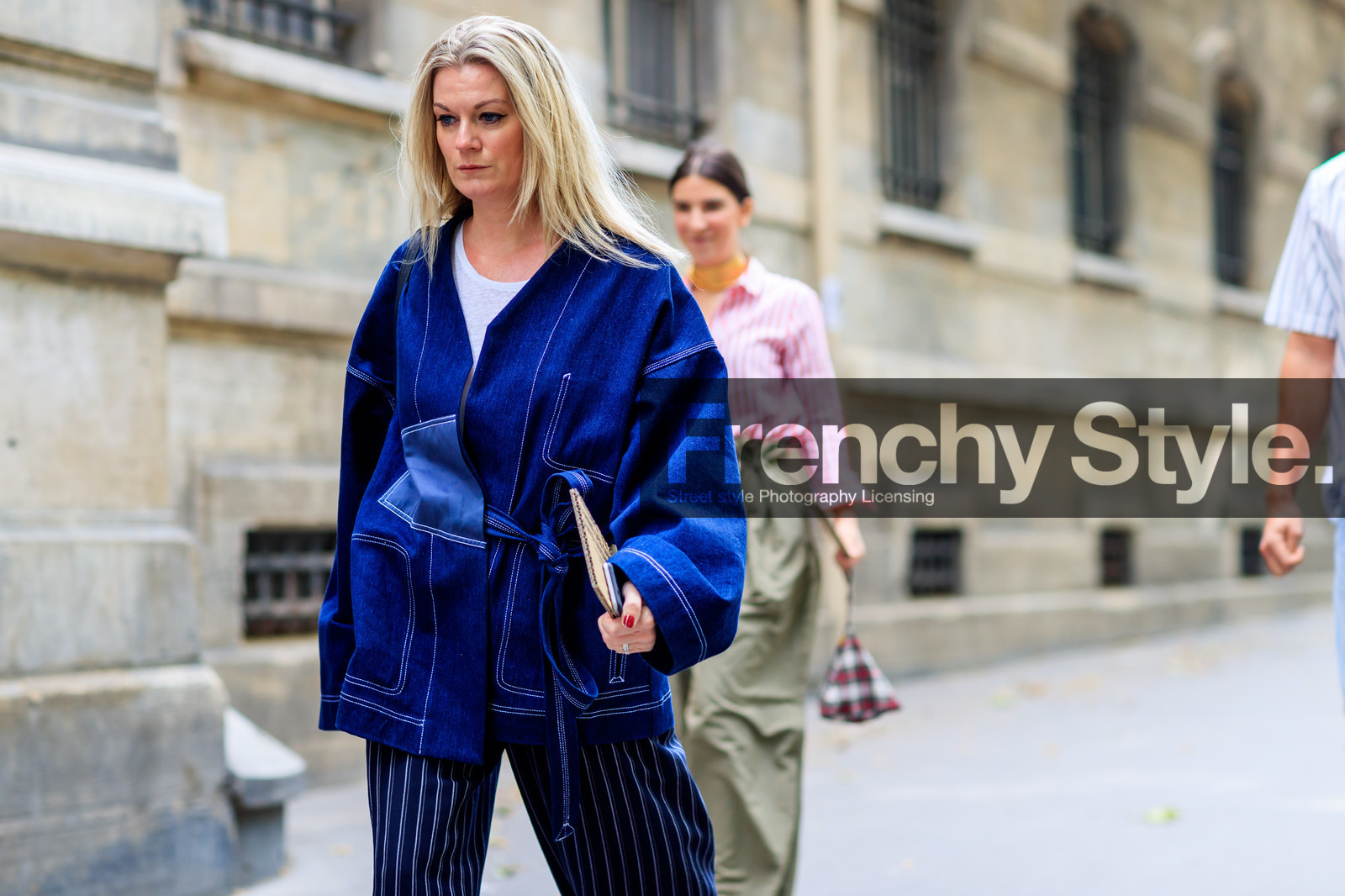 atmosphere details, blue denim, blue pants, denim jacket, detail, fashion week, frenchystyle, FW, graphic pants, horizontal, jonathan paciullo, kimono vest, MENSWEAR, PARIS, PFW, printed pants, SPRING SUMMER 2018, SS 18, street style, striped pants, trousers