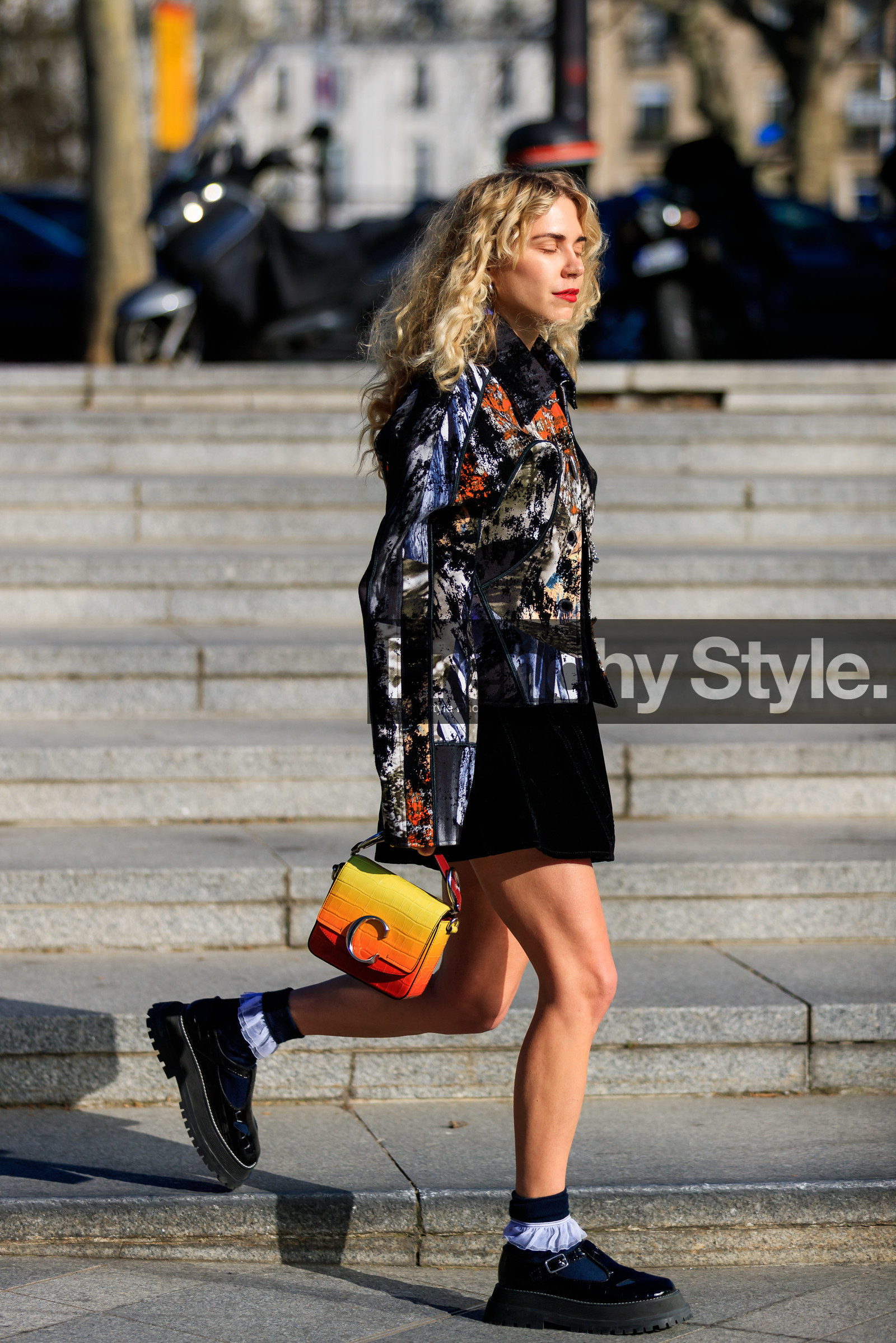 black jacket, black shoes, black skirt, chloé, courtney trop, denim jacket, graphic jacket, leather bag, leather shoes, multicolor jacket, orange bag, printed jacket, yellow bag, PARIS, PFW, street style, jonathan paciullo, FW, frenchystyle, fashion week, AUTUMN WINTER 2019-2020, AW 19-20, FALL WINTER 2019-2020, FW 19-20, vertical, full length