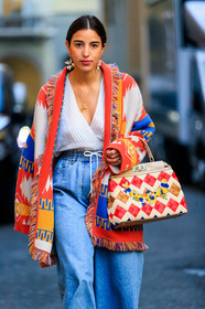 bettina looney, blue denim, denim pants, earrings, fendi, geometric, graphic bag, graphic jacket, jeans, leather bag, multicolor bag, multicolor jacket, poncho, printed bag, printed jacket, trousers, white top, MILAN, MFW, fashion week, frenchystyle, FW, jonathan paciullo, street style, AUTUMN WINTER 2019-2020, AW 19-20, FALL WINTER 2019-2020, FW 19-20, vertical, atmosphere details, detail