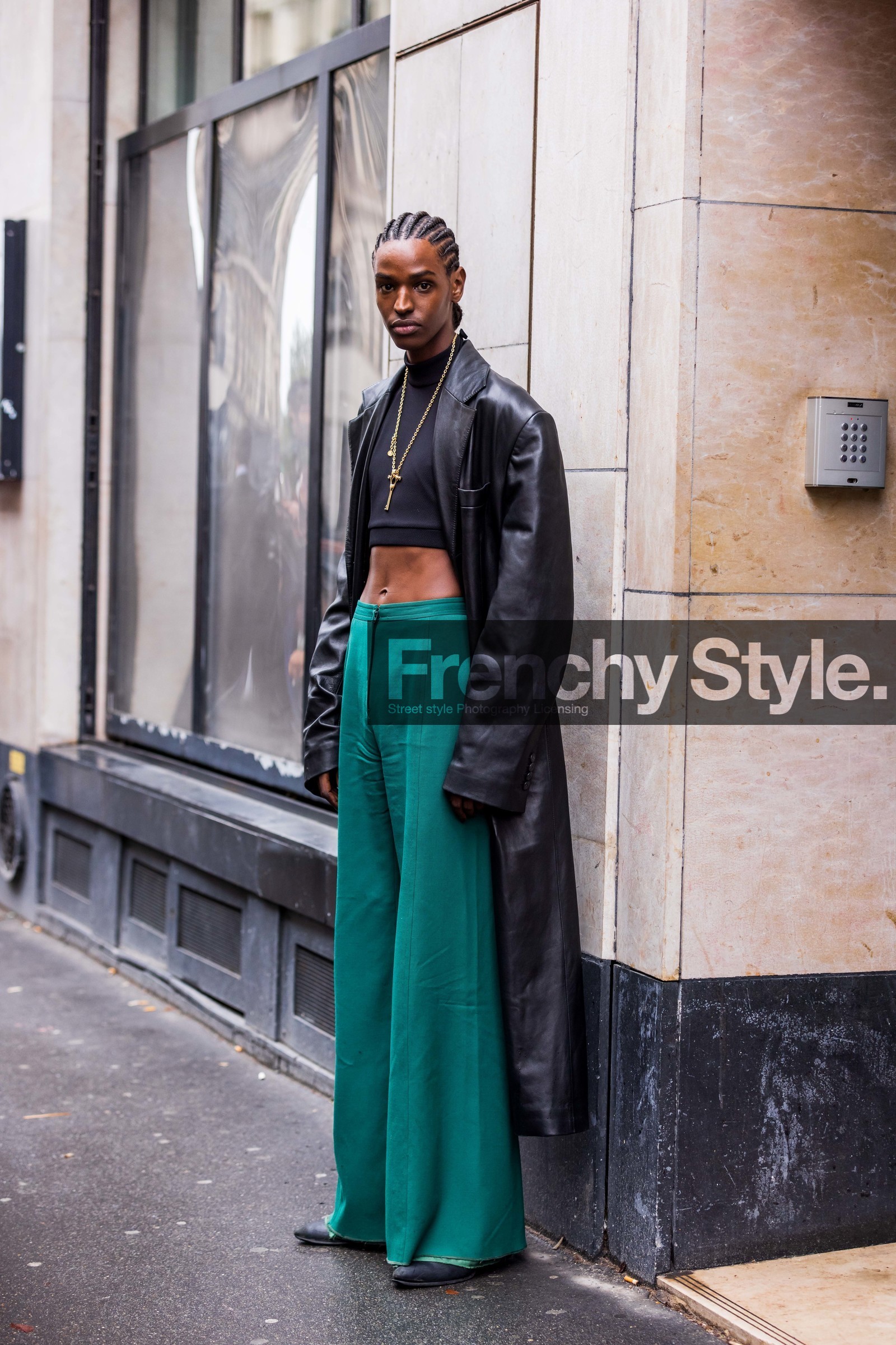 black coat, black crop top, coat, crop top, flare pants, fluid pants, gold necklace, green pants, key necklace, leather coat, necklace, pants, fashion week, frenchystyle, FW, jonathan paciullo, street style, PFW, PARIS, SPRING SUMMER 2022, SS 22, vertical, full length