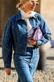 blue denim, denim jacket, denim pants, graphic jacket, graphic pants, jeans, leather bag, maison martin margiela, printed jacket, printed pants, purple bag, shiny bag, sunglasses, trousers, white shirt, xenia adonts, MILAN, MFW, fashion week, frenchystyle, FW, jonathan paciullo, street style, AUTUMN WINTER 2019-2020, AW 19-20, FALL WINTER 2019-2020, FW 19-20, vertical, atmosphere details, detail