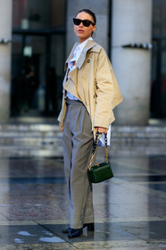 sophia roe, light beige jacket, light beige perfecto, white shirt, grey pants, carrot pants, green leather bag, animal skin bag, square shape bag, box bag, golden chain strap bag, celine sunglasses, futurist shape sunglasses, butterfly sunglasses, black sunglasses, black leather loafers, fashion week, frenchystyle, FW, jonathan paciullo, street style, PFW, PARIS, vertical, full length
