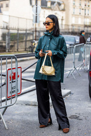 bag, black pants, black sunglasses, bow shirt, brown shoes, chain bag, cream bag, flare pants, fluid pants, gold chain, green shirt, leather bag, leather shirt, manu atelier bag, Pornwika Spiecker, shirt, slipt pants, sunglasses, fashion week, frenchystyle, FW, jonathan paciullo, street style, PFW, PARIS, SPRING SUMMER 2022, SS 22, vertical, full length