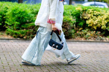 atmosphere details, beige jacket, black and white bag, blue denim, denim pants, detail, embroidered jacket, fashion week, frenchystyle, FW, horizontal, jeans, jonathan paciullo, jw anderson, leather bag, leather shoes, LFW, LONDON, patchwork, red shirt, shiny shoes, silver shoes, SPRING SUMMER 2017, SS 17, street style, striped shirt, trousers, woman