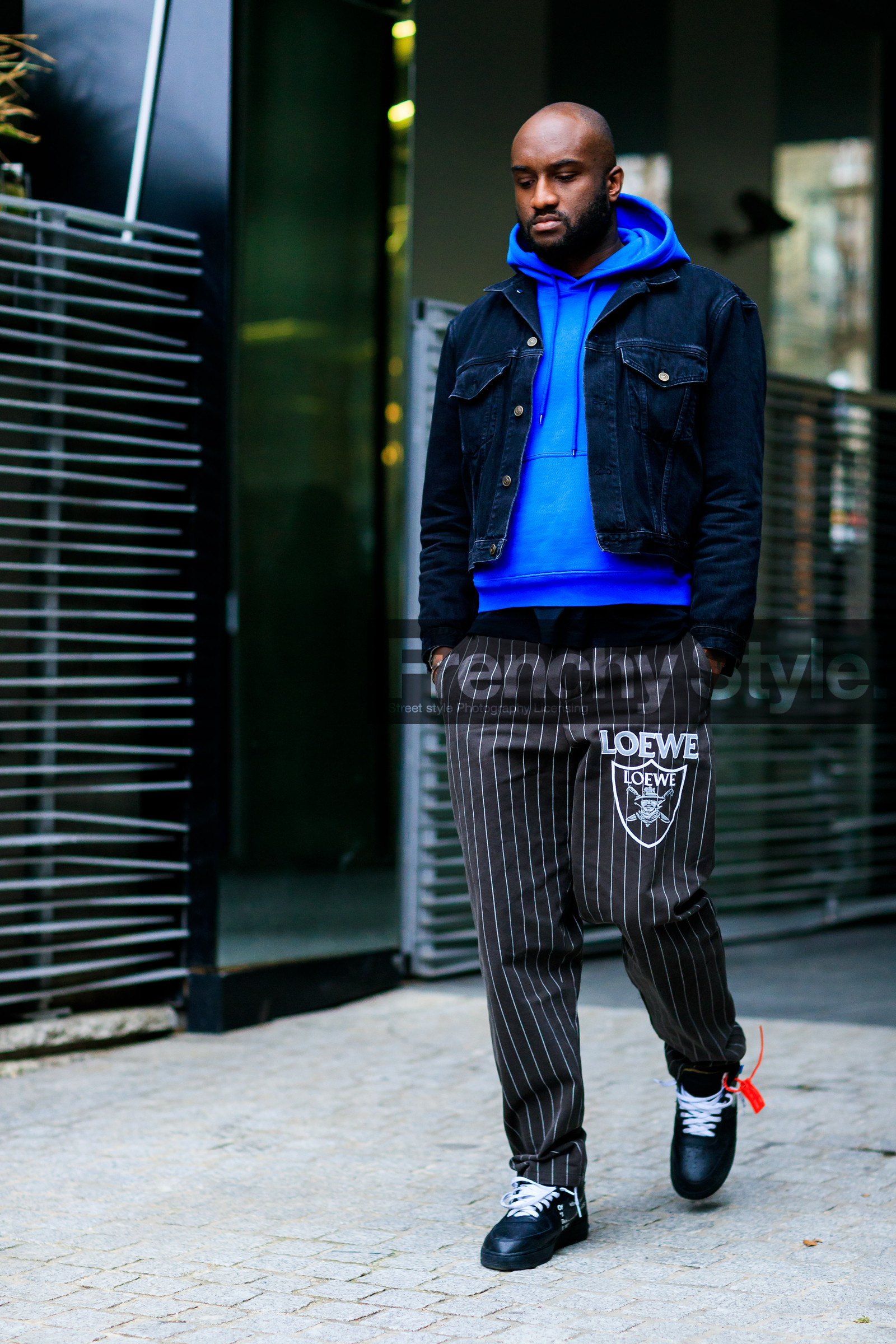 AUTUMN WINTER 2017-2018, AW 17-18, black denim, black jacket, black shoes, black sneakers, blue sweater, brown pants, denim jacket, FALL WINTER 2017-2018, fashion week, frenchystyle, full length, FW, FW 17-18, graphic pants, hoodie, jonathan paciullo, leather shoes, loewe, PARIS, PFW, printed pants, street style, striped pants, trousers, vertical, virgil abloh
