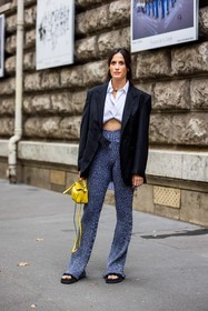 Astrid Boutrot, bag, black blazer, black sandals, blazer, cropped shirt, flare pants, grey pants, leather bag, loewe bag, pants, ribbed pants, sandals, shirt, small bag, white shirt, yellow bag, fashion week, frenchystyle, FW, jonathan paciullo, street style, PFW, PARIS, SPRING SUMMER 2022, SS 22, vertical, full length